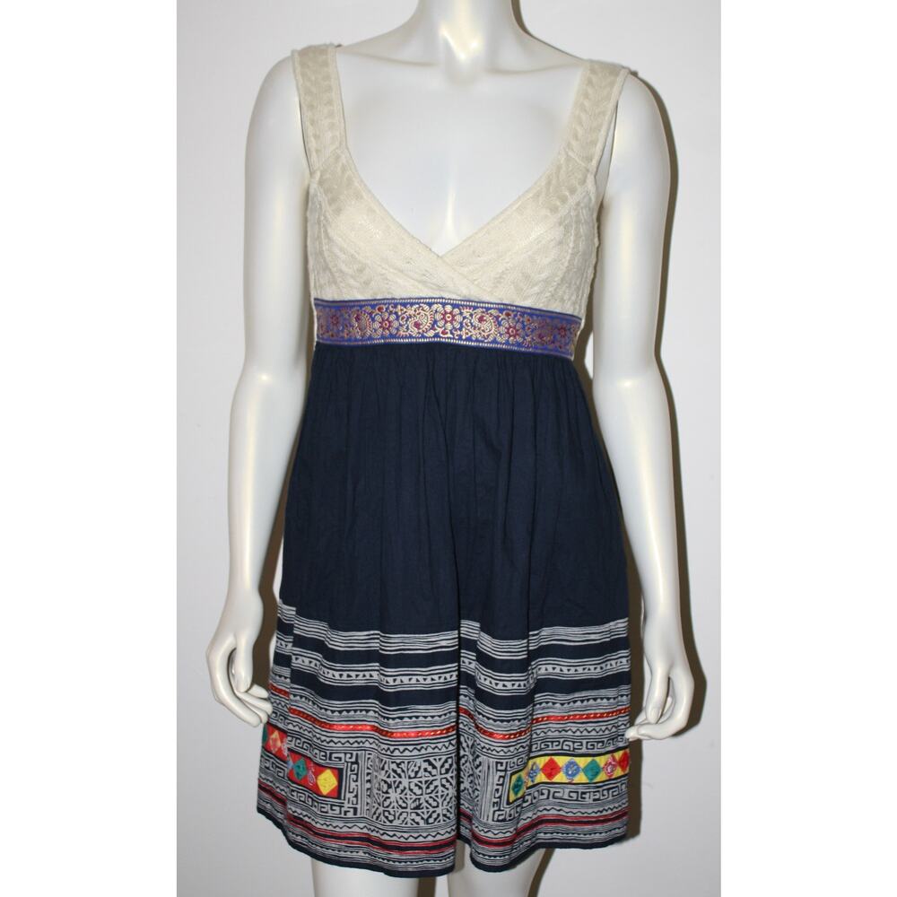 FREE PEOPLE Dress 2 Ivory Knit Navy Blue Tunic Ethic Tribal Ikat Sweater Top
